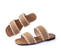 Mtzyoa Women Flat Sandals Raffia Braided Summer Straw Dressy Casual Vacation Bohemian Cute Beach Comfy Slip On Slides, Raffia Brown, 5.5 UK