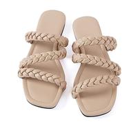 Mtzyoa Women's Sandals Casual Braided Dressy Summer Square Toe Quilted Flat Sandals, Cream raided Strap, 6 UK