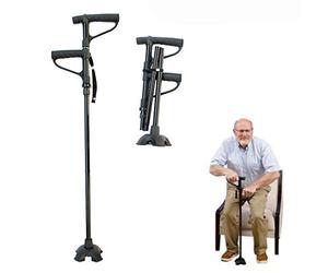 MU Two-Handle Walking Cane Folding Medical Walking Stick with Led Lights and Stable Quad Cane Base,Adjustable Height,Ideal Daily Living Aid