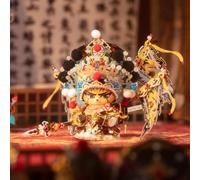 MU Xiang Yu Q-Style Peking Opera 3D Metal Puzzle Figure, Command Tent Stand | Hegemon-King of Western Chu, tiger-striped face, black pom-poms, golden dragons, dragon-scale armor; 4-star build; boxed gift