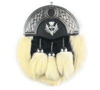 Muaj Sporran white and black fur, Thistle badge with chain belt