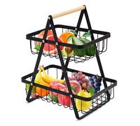 Mualady 2 Tier Fruit Bowl, Vegetable Baskets for Kitchens, Countertop Fruit Bowl, Fruit Veg Basket Storage, Black Metal Wired Fruit Rack, Large Two Tiered Fruit Basket