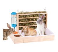 MUALROUS 4 in 1 Large Rabbit Hay Feeder with Cat Litter Tray Wooden Automatic Feeder Made of Wood with 2 Bowls for Rabbits Guinea Pigs Chinchilla Other Small Animals