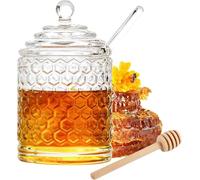 MUAMAX 300ml Clear Honey Bee Pot,Glass Honey Jar with Dipper and Lid,Crystal Honey Pot with Dispenser,Glass Honey Container with 2 Honey Sticks,Honey Dispenser and Syrup Container for Home Kitchen