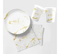 Mubarak Eid Paper Party Plates Cups Napkins - Eid Decoration Tableware Pink Green Gold Watercolour White Marble (Eid Plate, Cup & Napkin Set (White & Gold Marble) - 10 Pack)