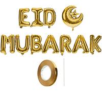 Mubarak Happy Eid Letter Foil Balloons - Eid Decoration Balloon Banner Set - 16" Metallic Silver Rose Gold (Gold)