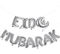Mubarak Happy Eid Letter Foil Balloons - Eid Decoration Balloon Banner Set - 16" Metallic Silver Rose Gold (Silver)
