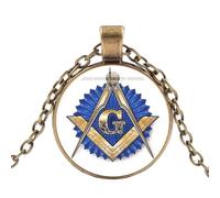 MUBYS Necklace Ancient Bronze Plated Freemason Compass And Square G Blue Symbol Glass Cabochon Badge Chain Choker Necklace