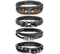 MUCAL Leather Bracelets for Men Women 4pcs Black Stainless Steel Infinity Mens Bracelet Braided Cuff Bracelets, M, Stainless Steel, no gemstone