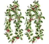 Muccp 6 Ft Artificial Flowers Christmas Holly Spray Berries Garland Plant Red Berries Leaves Garland for Home Party Holiday Decoration (White Green)