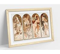 Mucha Four Seasons Art Nouveau Framed Wall Art Print Picture - A3 - Light Oak Frame