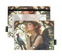 Mucha Style Beauty Elf Binder Pouches 3 Ringing with Clear Window Large Pencil case with Zipper Reinforced Grommets Pockets 3 Hole Punched for Storing School Office Supplies Multicolored 2 PCS