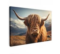 MuchoWow© Canvas Wall Art 12"x8" / 30x20 cm Decor Paintings Print framed on Canvas Pictures for Hallway Scottish highlander - Horns - Mountains - Landscape