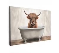 MuchoWow© Canvas Wall Art 12"x8" / 30x20 cm Decor Paintings Prints framed on Canvas Decorations Wallart Scottish Highlander - Bath - Bathroom - Bathtub - Brown - Horns
