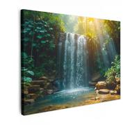 MuchoWow© Canvas Wall Art 16"x12" / 40x30 cm Decor Paintings Print framed on Canvas Pictures for Hallway Waterfall - Jungle - Sun - Green - Nature