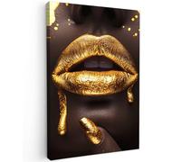 MuchoWow© Canvas Wall Art 16"x24" / 40x60 cm Decor Paintings Prints framed on Canvas Decorations Wallart Woman - Gold - Lips - Luxury - Portrait