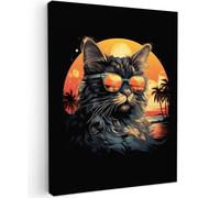 MuchoWow© Canvas Wall Art 20"x28" / 50x70 cm Decor Prints for Living Room Decorative Canvases Hall Artwork Retro - Cat - Glasses - Palm trees - Sun - Black - Animals