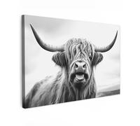 MuchoWow© Canvas Wall Art 24"x16" / 60x40 cm Home Decor Paintings for Living Room Decorations Gifts Hallway Scottish Highlander - Cow - Black and white - Horns - Fur - Tongue - Nature