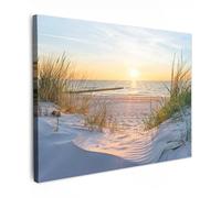 MuchoWow© Canvas Wall Art 28"x20" / 70x50 cm Decor Paintings Print framed on Canvas Pictures for Hallway Beach - Sun - Dune - Grass - Sand - Horizon