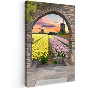 MuchoWow© Canvas Wall Art 31"x47" / 80x120 cm Home Decor Paintings for Living Room Decorations Gifts Hallway Tulips - Flowers - Mill - View