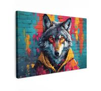 MuchoWow© Canvas Wall Art 35"x24" / 90x60 cm Decor Paintings Prints framed on Canvas Decorations Wallart Graffiti - Wolf - Street art - Blue - Banksy