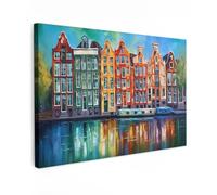 MuchoWow© Canvas Wall Art 47"x31" / 120x80 cm Decor Paintings Print framed on Canvas Pictures for Hallway Amsterdam - Oil paint - Canal - Painting - Art