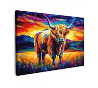 MuchoWow© Canvas Wall Art 47"x31" / 120x80 cm Decor Paintings Print framed on Canvas Pictures for Hallway Scottish Highlander - Art - Cow - Animals - Landscape