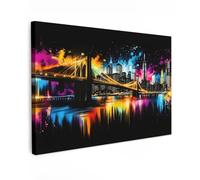 MuchoWow© Canvas Wall Art 47"x31" / 120x80 cm Decor Paintings Print framed on Canvas Pictures for Hallway Skyline - Bridge - Lights - Colors