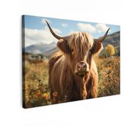 MuchoWow© Canvas Wall Art 47"x31" / 120x80 cm Decor Prints for Living Room Decorative Canvases Hall Artwork Scottish highlander - Flowers - Horns - Clouds