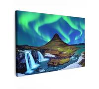 MuchoWow© Canvas Wall Art 47"x31" / 120x80 cm Home Decor Paintings for Living Room Decorations Gifts Hallway Northern lights - Starry sky - Iceland - Mountain - Green - Waterfall - Lake
