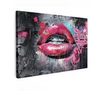 MuchoWow© Canvas Wall Art Decor Paintings Print framed on Pictures | 47"x31" / 120x80 cm - for Hallway Lips - Hot Pink - Graffiti - Paint Strokes
