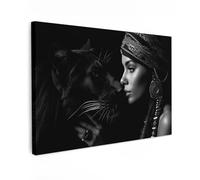 MuchoWow© Canvas Wall Art Decor Paintings Print framed on Pictures | 47"x31" / 120x80 cm - for Hallway Woman - Panther - Luxury - Black - White - Animal