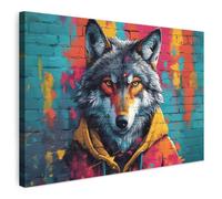 MuchoWow© Canvas Wall Art Decor Paintings Prints framed | 35"x24" / 90x60 cm - Decorations Wallart Graffiti - Wolf - Street - Blue - Banksy