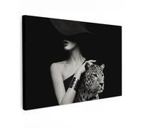 MuchoWow© Canvas Wall Art Decor Prints for Living Room Decorative Canvases | 35"x24" / 90x60 cm - Hall Artwork Woman - Leopard - Luxury - Black - White - Animal