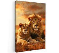 MuchoWow© Canvas Wall Art Work 31"x47" / 80x120 cm Room Decor Painting Wallfillers Picture Decoration Prints Lions - Sunset - Africa - Savannah - Animals