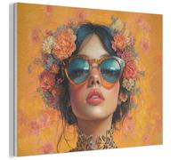 MuchoWow© Felt Panel 100x70 cm Room Style Piece Wallfillers Visual Display Decoration Wall Art Woman - Aesthetic - Flowers - Orange