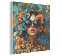 MuchoWow© Felt Panel 80x80 cm Framed Print Painting for Entryway Interior Accent Decoration Wall Art Woman - Modern - Flowers - Orange - Blue