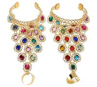 MUCKLILY 1 Pair Colorful Belly Dance Bracelet Jewelry with Rhinestone Hand Chains and Rings for Women - Ethnic Belly Dancer Accessories for Performance and Costume
