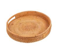 MUCKLILY 14-inch round Rattan Woven Snacks Basket with Hollow Handles, Rustic Charming Fruit Bowl and Serving Tray for Easy Portability, for Outdoor Patios and Kitchen Use