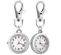 MUCKLILY 2 Pcs Silver Clip-On Nurse Watch Fob Portable Pocket Watch with Keyring Adjustable Timepiece for Women and Men for Healthcare Professionals