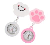 MUCKLILY 2pcs Nurse Pocket Watches Stretchable Clip and Retractable Silicone Cord, Cute Girl Style Soft Pull Watch Set Smiling White Cloud and Pink Cat Paw, for Medical Staff and Students