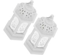 MUCKLILY 2pcs White LED Moroccan Style Mini Lanterns, Ramadan Eid Mubarak Candle Lanterns for Home Decoration, Portable Vintage Hanging Tealight Candle Holders