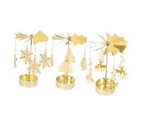 MUCKLILY 3pcs Rotating Candle Holder Gold Metal Christmas Decor with Deer Pine Designs Festive Rotary Candlestick for Holiday Tabletop Decoration Warm Joyful Ambiance Enhancer