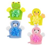 MUCKLILY 4Pcs Cartoon Bath Scrubber Gloves for Fun Exfoliating Shower Mitts Duck Frog Rabbit and Soft Gentle Cleaning for