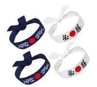MUCKLILY 4pcs Japanese Warrior Hachimaki Headbands Sweatbands Set - White Victory Band Blue Mythical Creature Print - Tie-on Sports Sweatband for Karate, Cooking, Japanese Party Decorations