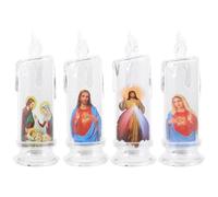 MUCKLILY 4pcs Jesus Candle Lantern Holy Night Candle Lamp Decorative Led Candle Lights Favor Religious Candle Reusable Led Candles Decorative Candle Light Plastic Present with Base