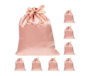 MUCKLILY 8pcs Small Satin Drawstring Bags for Jewelry Hair Tools Travel Toiletry Pouches Light Gold Color Portable Organizer with Silky Smooth Texture for Party Favors