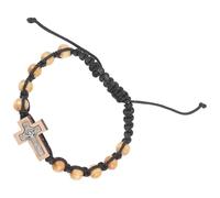 MUCKLILY Adjustable Rosary Bracelet with Cross Charm, Alloy and Wood Beads Prayer Beads Bracelet for Men and Women, Woven Religious Jewelry for Catholic Devotion and Daily Wear
