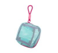 MUCKLILY Blue-Green Mesh Cosmetic Bag with Pink Strap, Small Travel Makeup Pouch and Data Cable Organizer, Multi-Purpose Grid Storage Pouch for Headphones and Personal Accessories