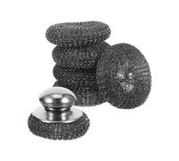 MUCKLILY Household Stainless Steel Dish Scrubber with Handle - 1 Metal Mesh Scrub Ball + 5 Replacement Steel Scouring Pads - Kitchen Pan and Pot Cleaning Brush for Sturdy Dishwashing